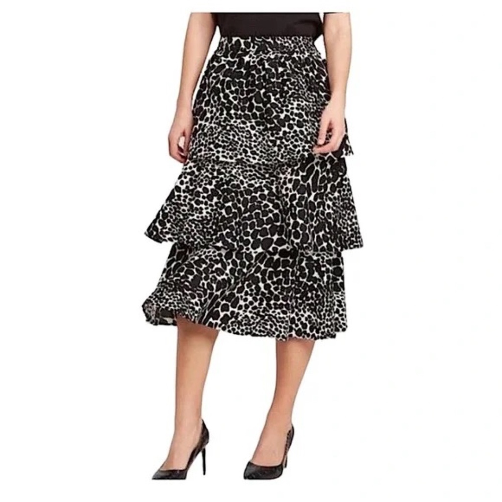 NWT Who What Wear Black & Cream Swirling Leopard Tiered Ruffle Midi Skirt Size 8
